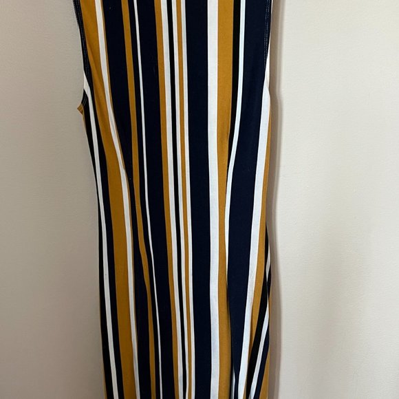 Allison Joy Navy and Gold Stripped Faux Wrap Dress - Picture 3 of 9